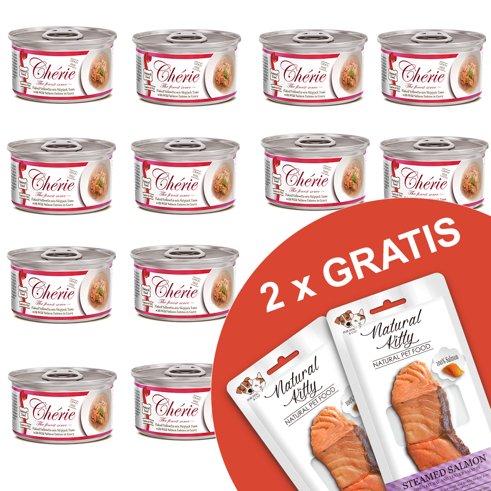 12× Cibo umido Chérie tonno con salmone selvaggio + 2 Filetti GRATIS